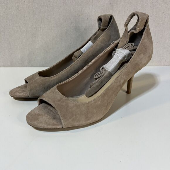 Saks Fifth Ave Clara Tan Suede Peep Toe Ankle Wrap Heels Sz. 10 - Picture 4 of 8